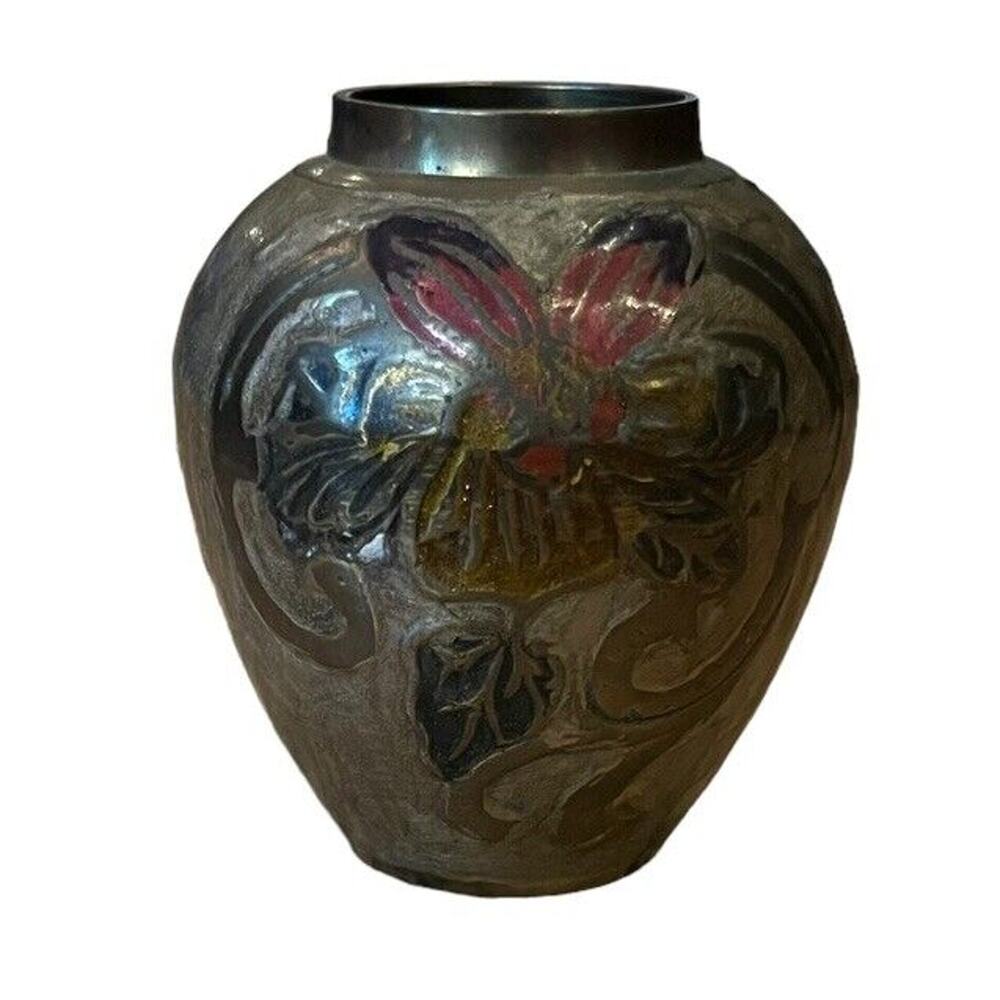 Brass Vintage Cloisonne Inlay enameled Floral vase India Signed A. Dellaux 3.25”